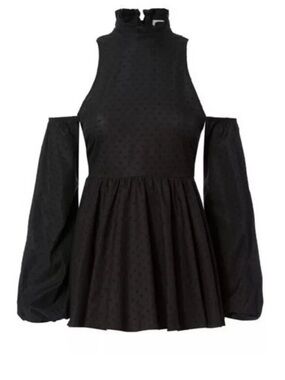 CAROLINE CONSTAS Black Cold Shoulder Blouse L | Swiss Dot Peplum Romantic Top